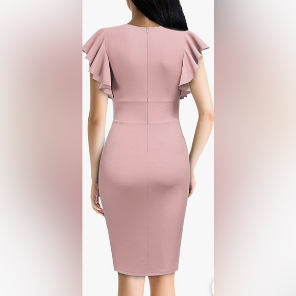 PLUS SIZE WOMENS V-NECK RUFFLE SLEEVED COCKTAIL PARTY PENCIL SLIT FORMAL DRESS - Picture 3 of 4